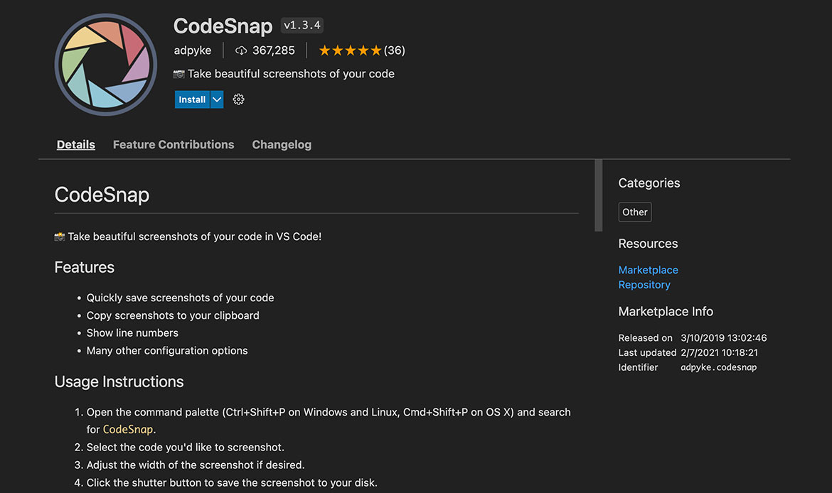 Extension CodeSnap de Visual Studio Code