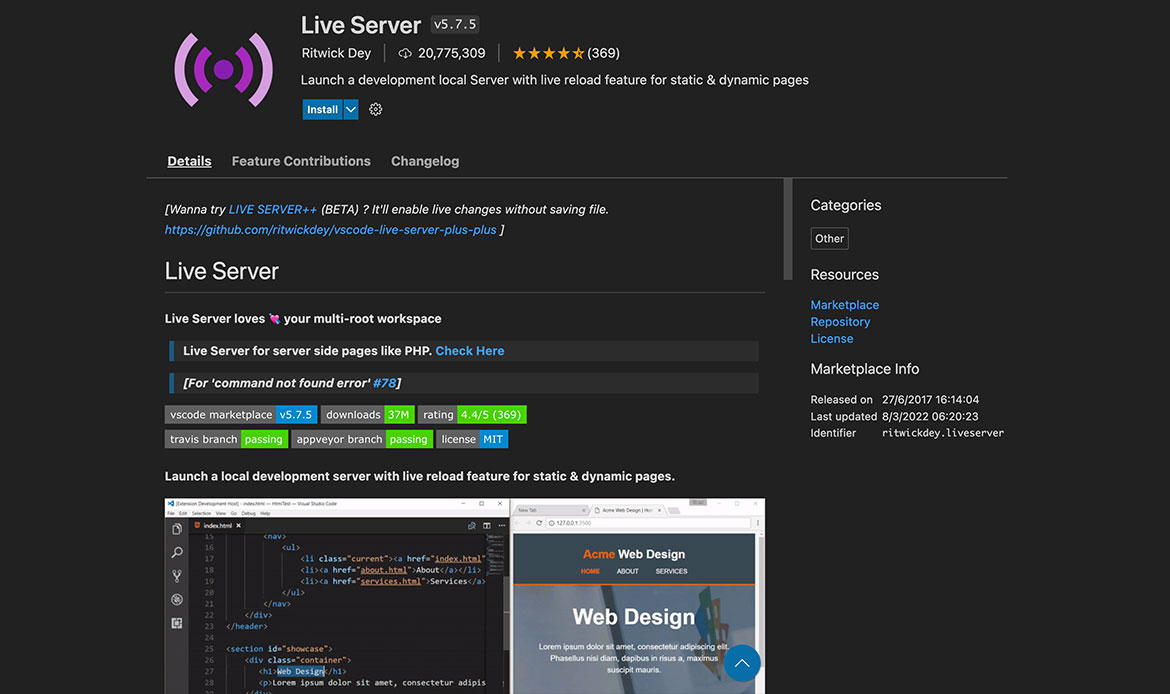 Extension Live Server de Visual Studio Code